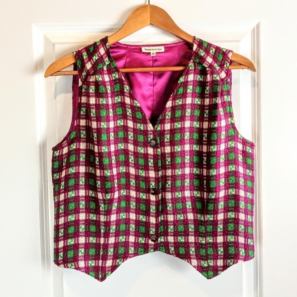 Saint Geraldine Green Magenta Pink Plaid Woven Vest
